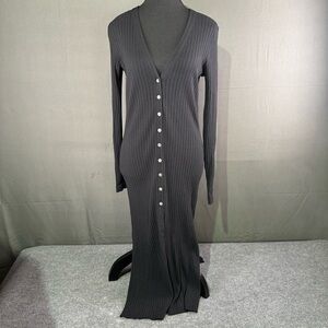White + Warren Dress Women XS Knit Ribbed Maxi Bodycon Minimalist Buttons Black